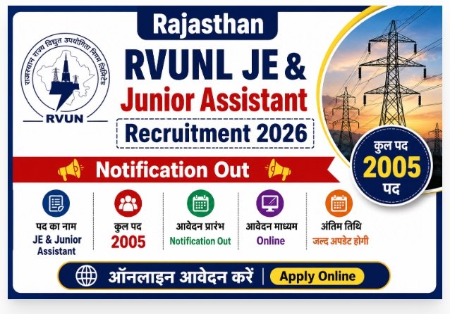 Rajasthan RVUNL JE & Junior Assistant Recruitment 2026 Apply Online For 2005 Post Notification Out